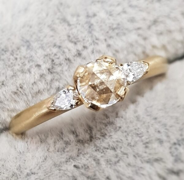 9 Carat Yellow Gold Trilogy Rose Cut Diamond Pear Engagement Ring