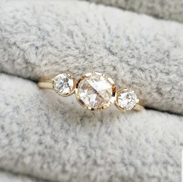 Rose-Cut-Diamond-Engagement-Ring-Trilogy-9ct-Yellow-Gold-Claw-Cups-Clifton-Rocks-Jewellery-BristolRose-Cut-Diamond-Engagement-Ring-Trilogy-9ct-Yellow-Gold-Claw-Cups-Clifton-Rocks-Jewellery-Bristol