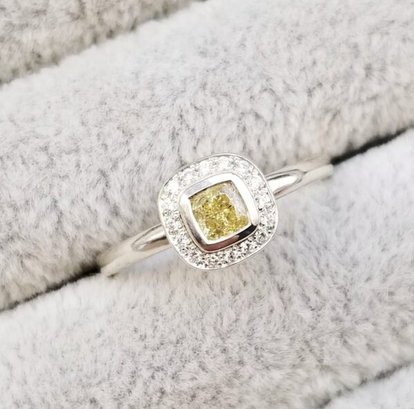 yellow cushion diamond halo platinum engagement ring