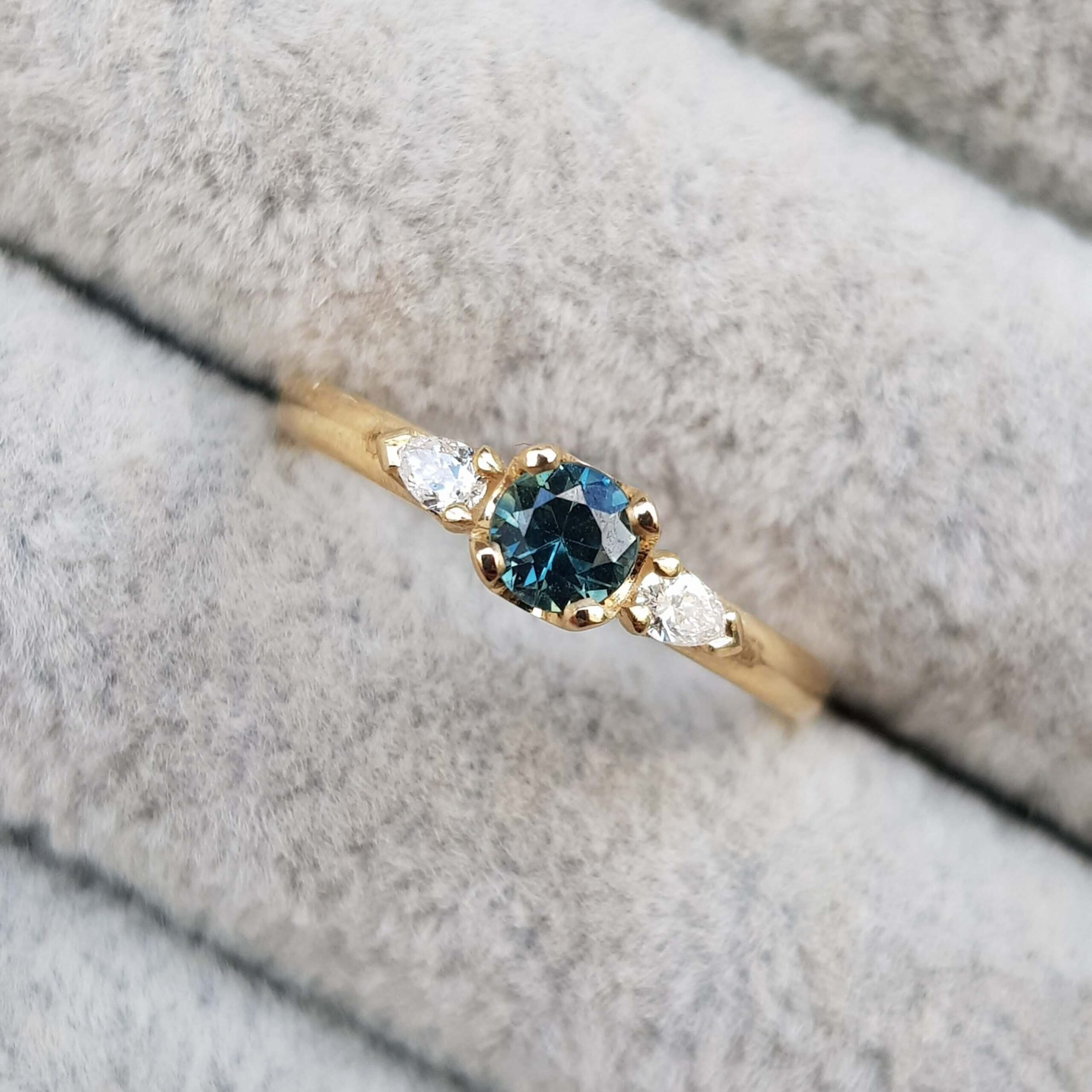 Blue Green Sapphire and Pear Diamond Trilogy Ring • Clifton Rocks
