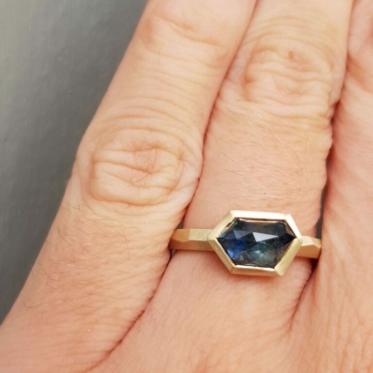 Katie-Chapman-Blue-Green-Free-Form-Sapphire-Rose-Cut--Engagement-Ring-9ct-Yellow-Gold-Clifton-Rocks-Jewellery-Bristol