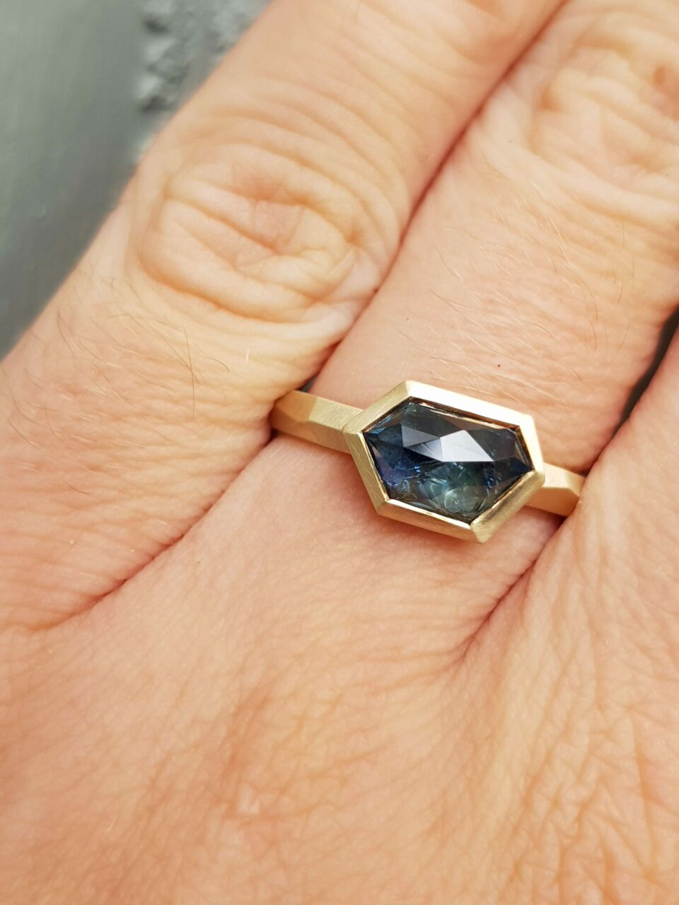 Katie-Chapman-Blue-Green-Free-Form-Sapphire-Rose-Cut--Engagement-Ring-9ct-Yellow-Gold-Clifton-Rocks-Jewellery-Bristol