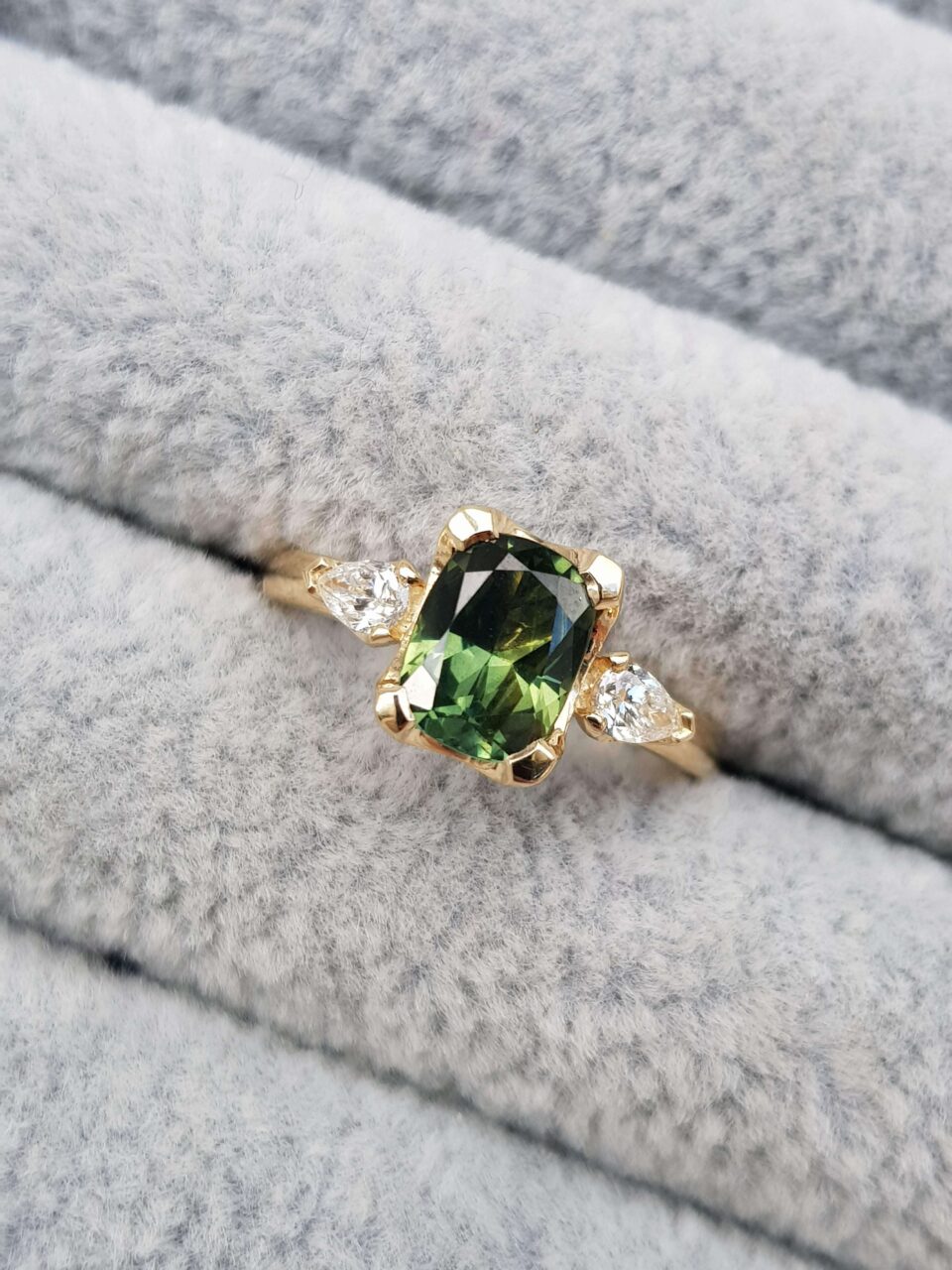 Australian Green Sapphire Cushion Trillion Engagement Ring