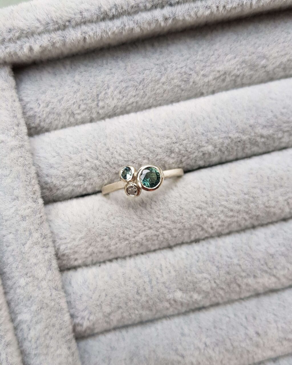 Teal Sapphire and Diamond Trilogy Cluster in White Gold