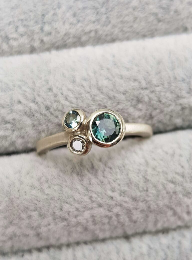 Teal Sapphire and Diamond Trilogy Cluster in White Gold