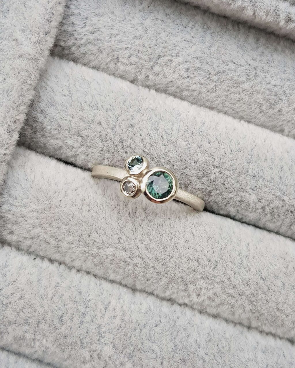 Teal Sapphire and Diamond Trilogy Cluster in White Gold
