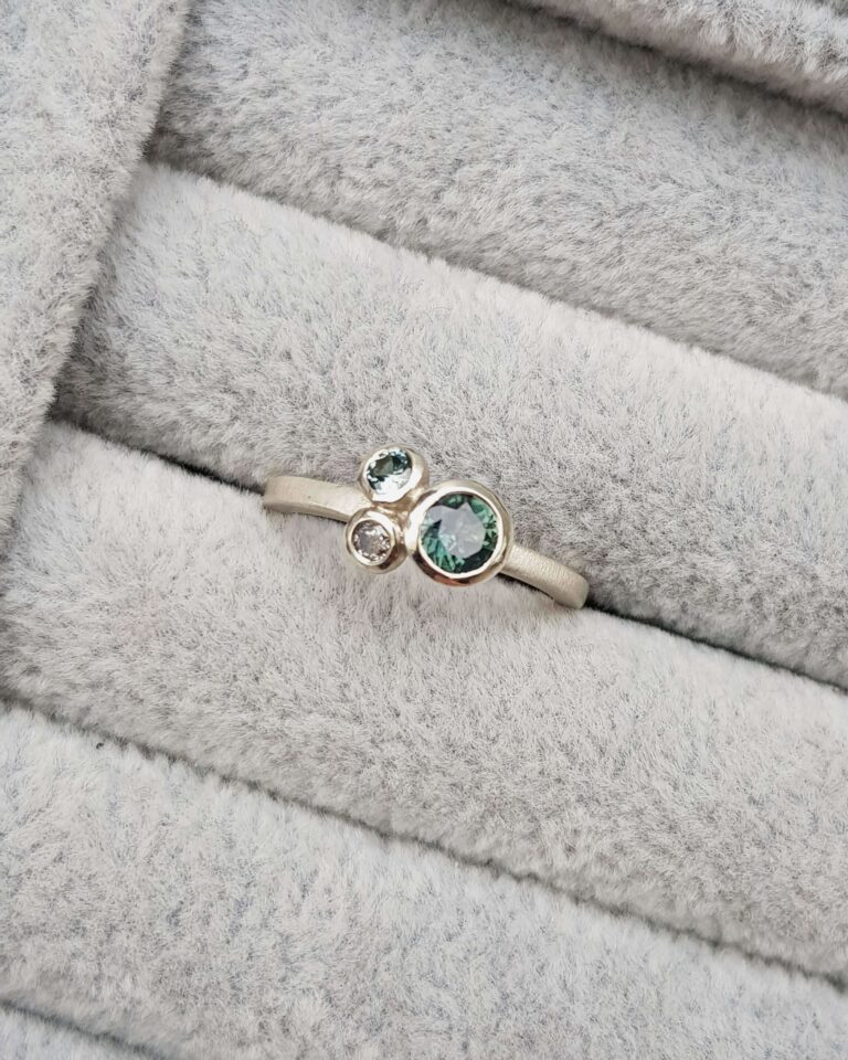 Teal Sapphire and Diamond Trilogy Cluster in White Gold