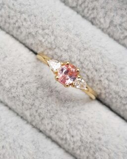 Peach Pink Oval Sapphire Diamond Trilogy Engagement Ring