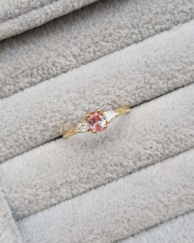 Peach Pink Oval Sapphire Diamond Trilogy Engagement Ring