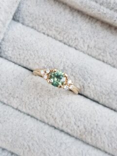 Green Sapphire With Dimond Trios Engagement Ring