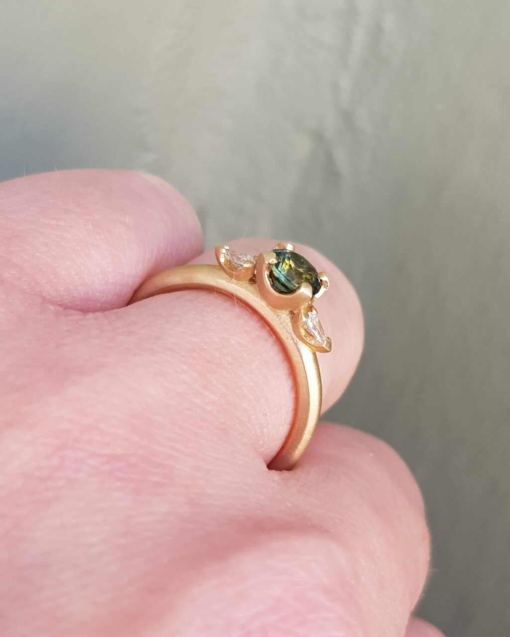 Green Sapphire Diamond Trilogy Engagement Ring