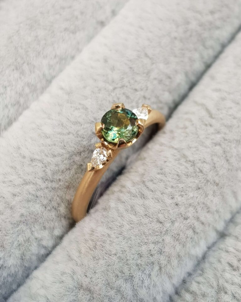 Green Sapphire Diamond Trilogy Engagement Ring