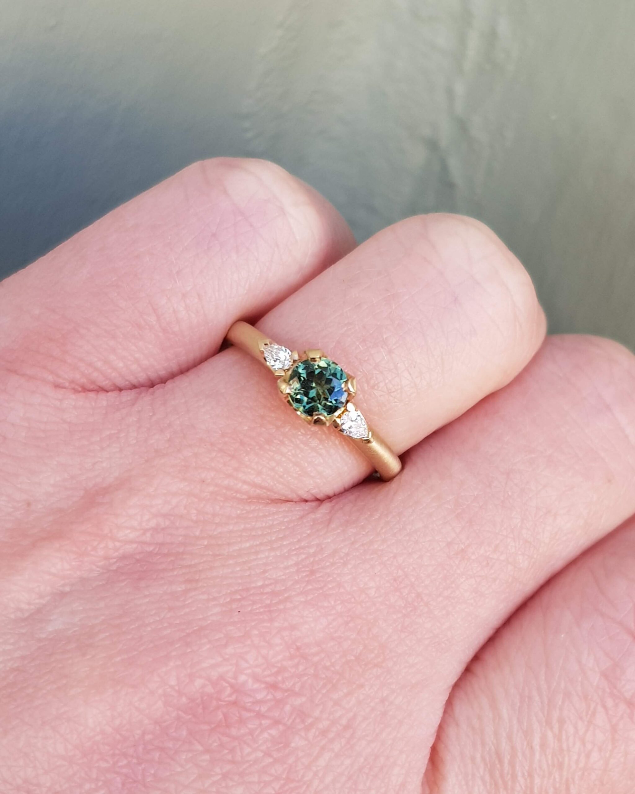 Raw green Sapphire & diamond engagement ring