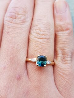 Teal Sapphire and Pear Trilogy Engagement Ring