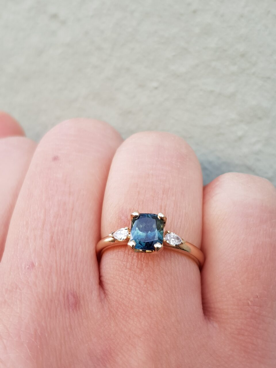 Teal Sapphire and Pear Trilogy Engagement Ring