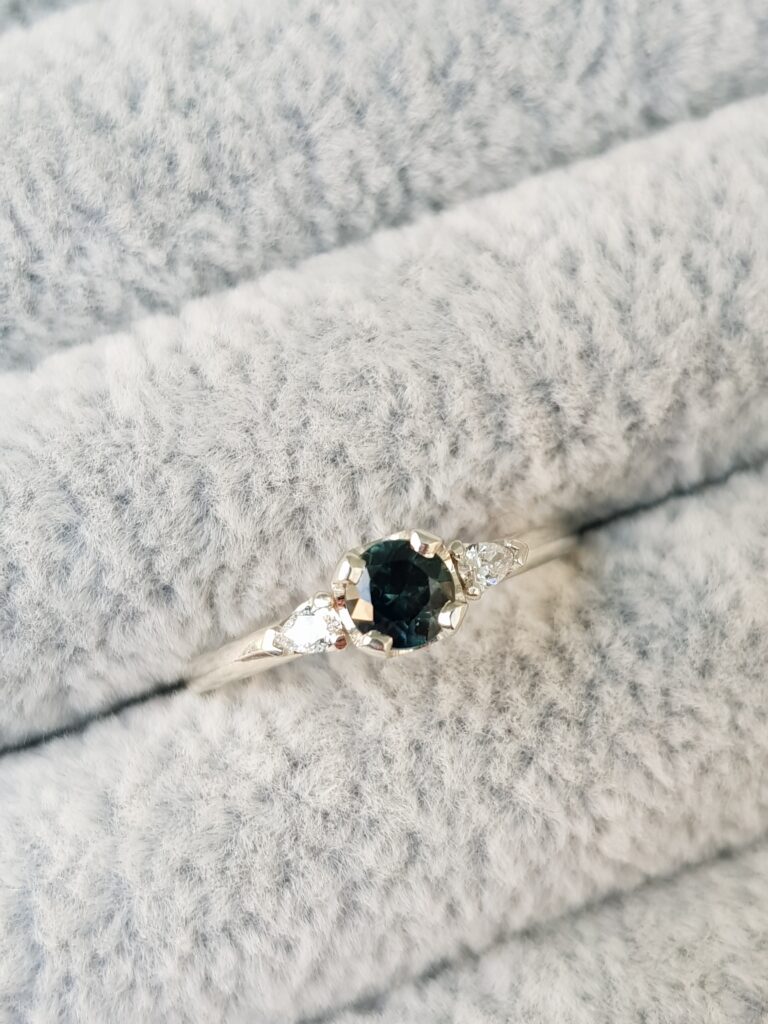 Green Sapphire & Pear White Diamond Engagement Ring