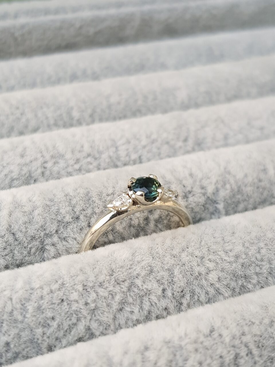 Green Sapphire and Pear White Diamond Engagement Ring