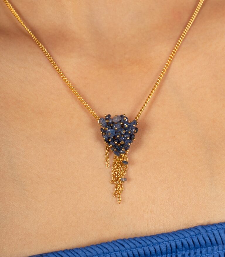 Blue Sapphire Tassel Gold Necklace 