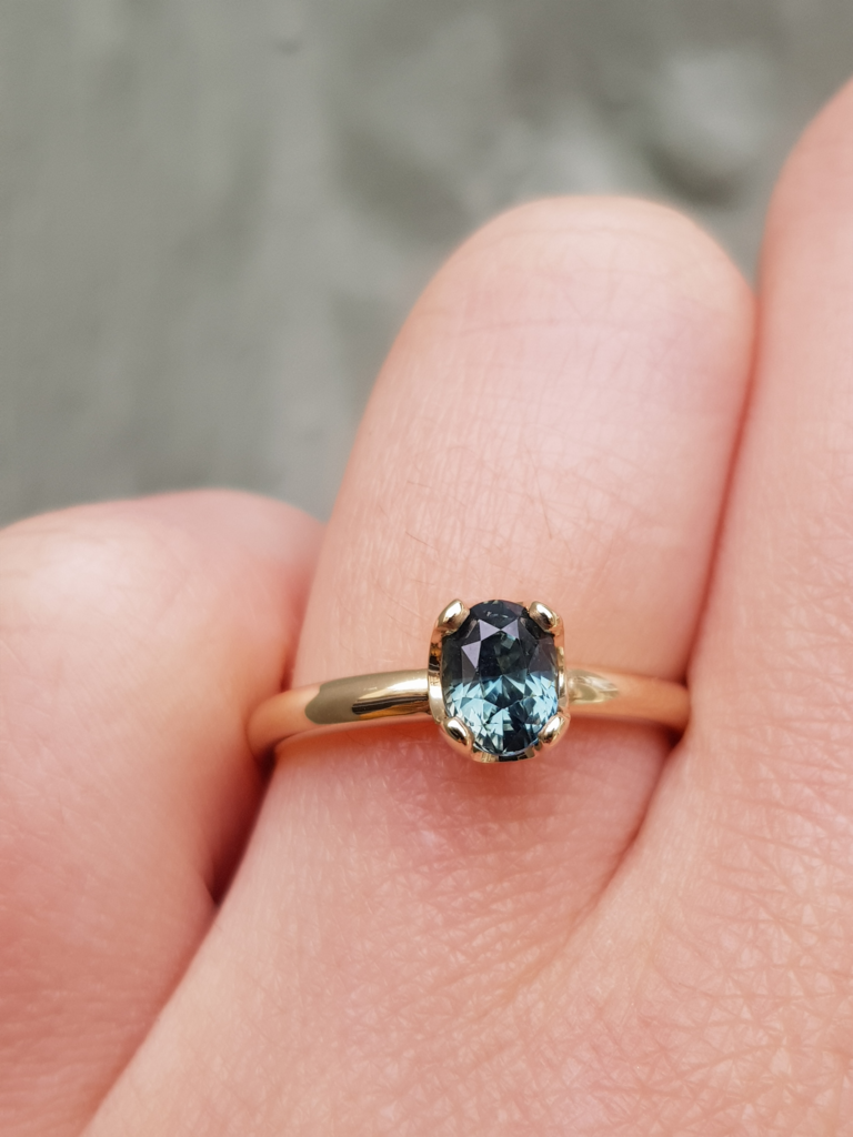 Blue Green Oval Sapphire Engagement Ring