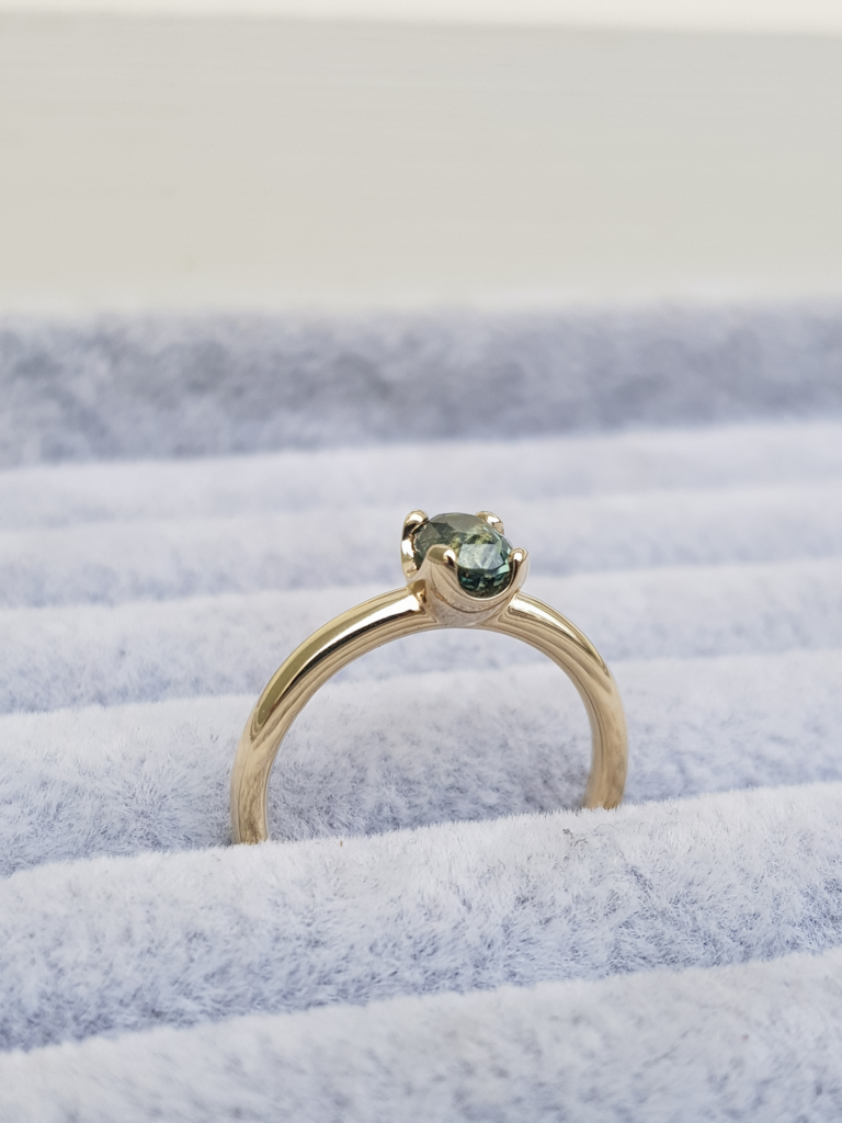 Blue Green Oval Sapphire Engagement Ring