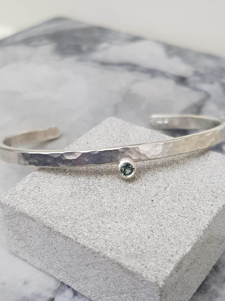 Organic Textured Silver Bangle with Off Set Sapphire-3-Clifton-Rocks