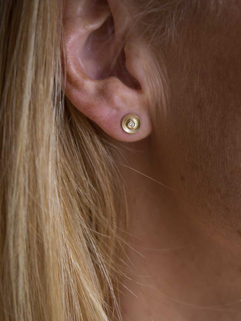 9ct Yellow Dome Earrings with Rubover Set Diamond