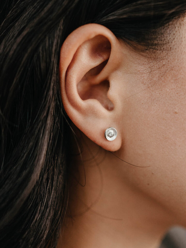 Silver Dome Earrings with Rubover Set Diamond
