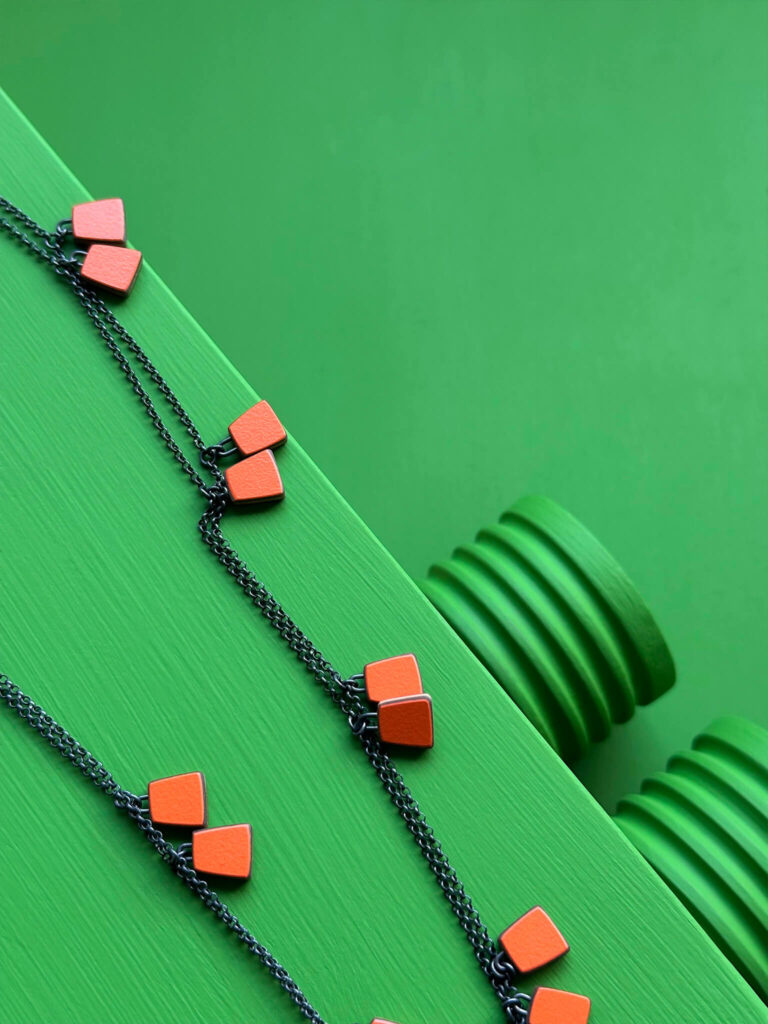 Long Orange Bell Silver Necklace