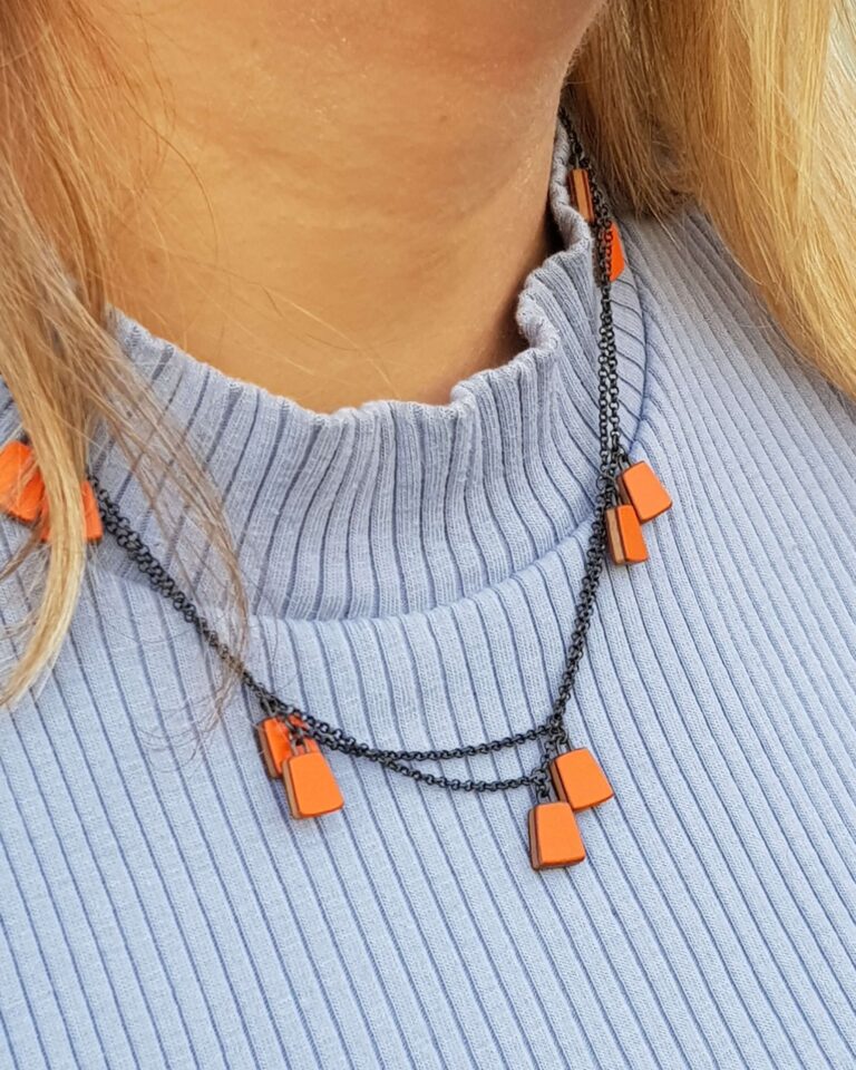 Long Orange Bell Silver Necklace