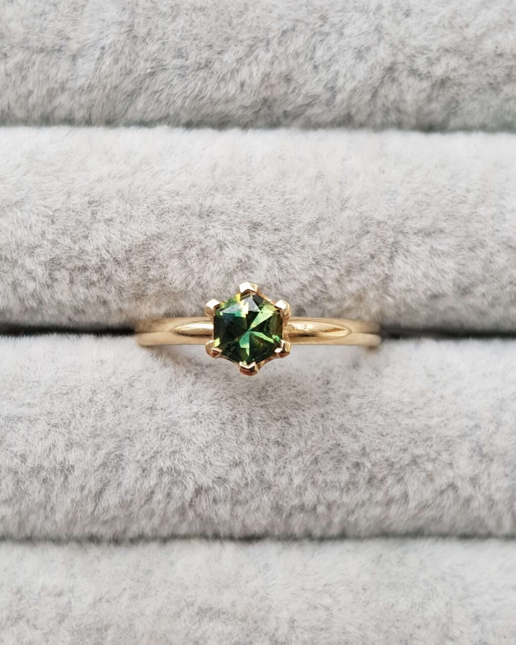 Hexagonal Green Sapphire Solitaire Engagement Ring