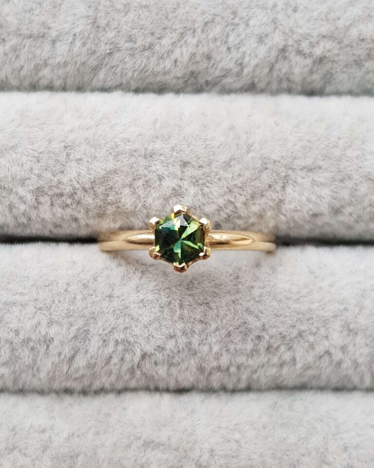 Hexagonal Green Sapphire Solitaire Engagement Ring