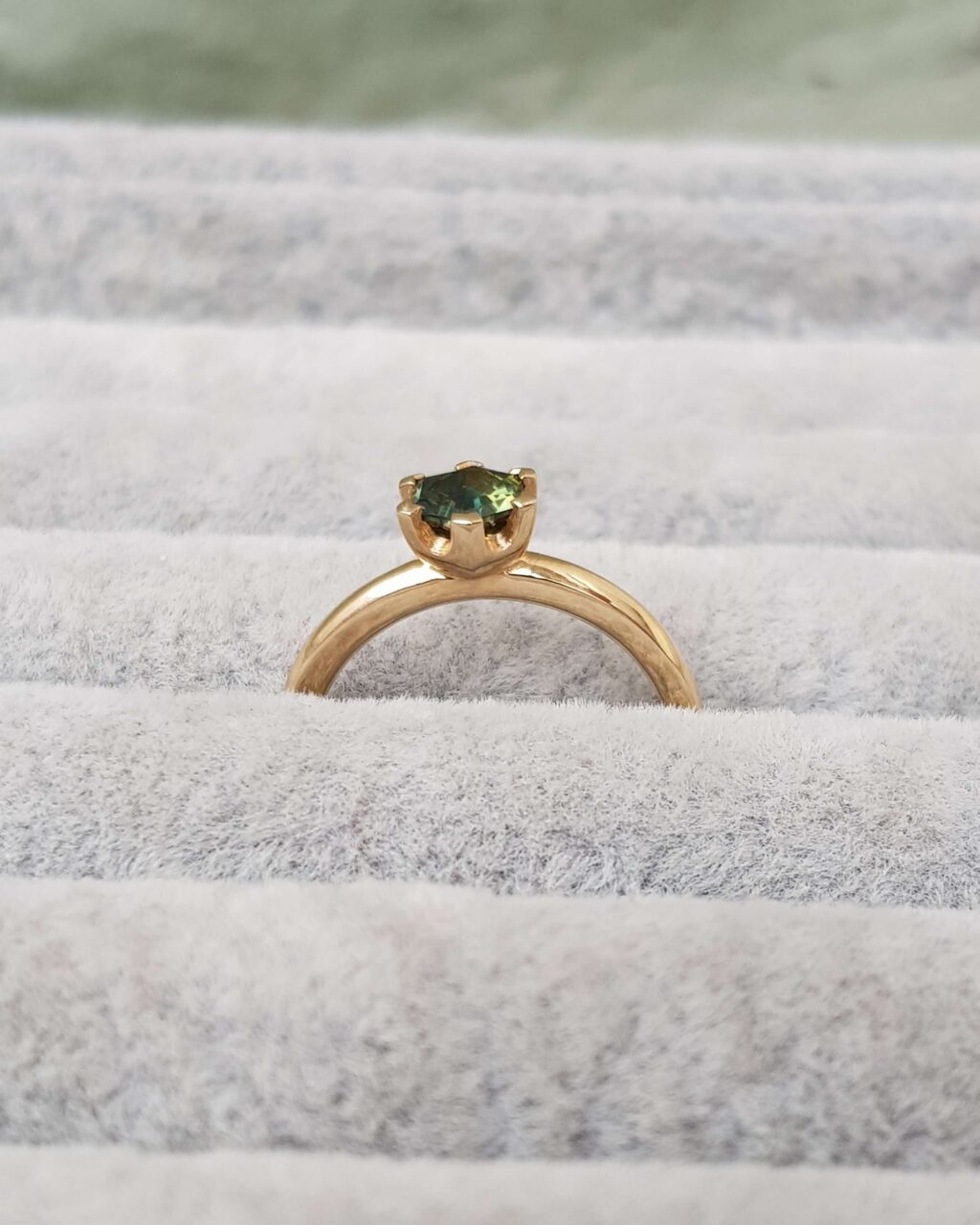 Hexagonal Green Sapphire Solitaire Engagement Ring