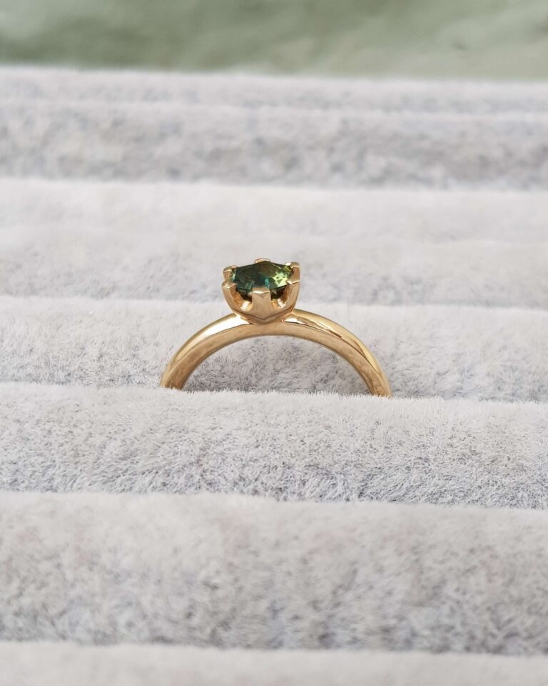 Hexagonal Green Sapphire Solitaire Engagement Ring