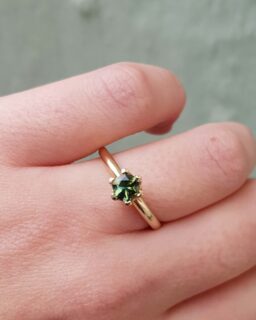 Hexagonal Green Sapphire Solitaire Engagement Ring