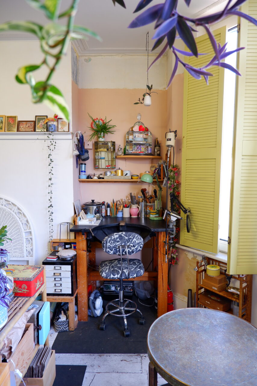 Rowenna's jewellery bench and work area
