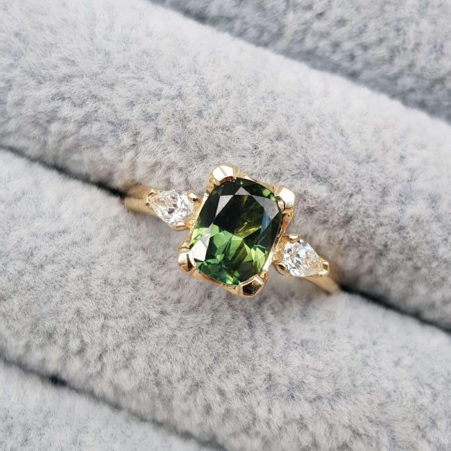 Australian Green Sapphire Cushion Trillion Engagement Ring