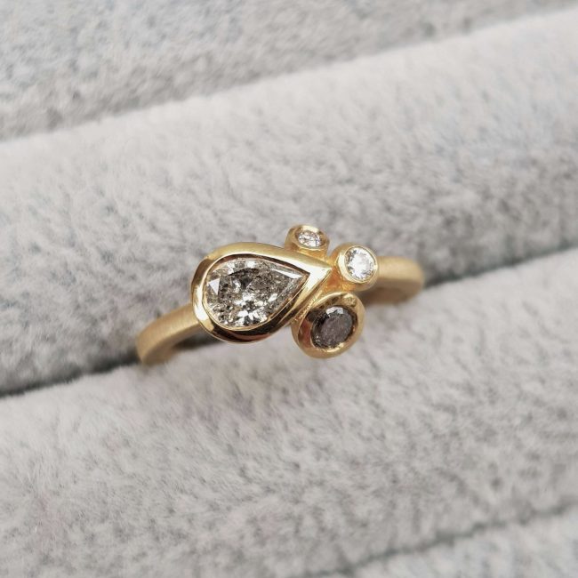 Salt and Pepper Pear Cluster Ring in Yellow Gold