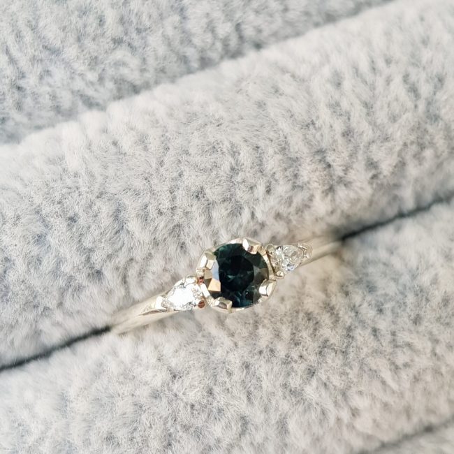 Green Sapphire & Pear White Diamond Engagement Ring