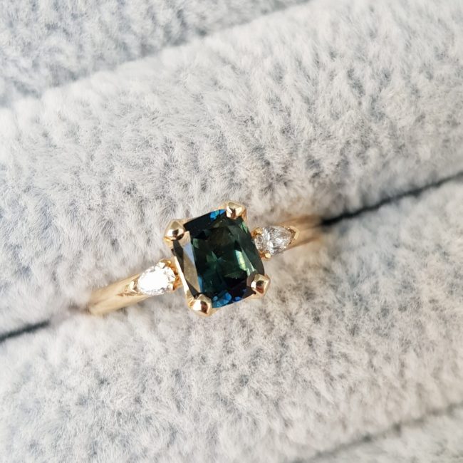 Teal Sapphire and Pear Trilogy Engagement Ring
