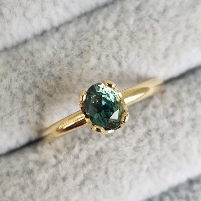 Blue Green Oval Sapphire Engagement Ring