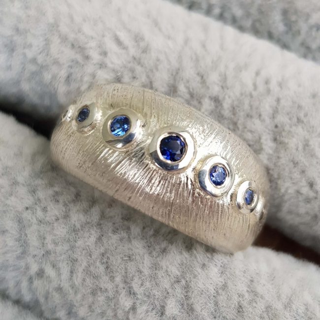 Silver Sunburst Bombe Blue Sapphire Ring