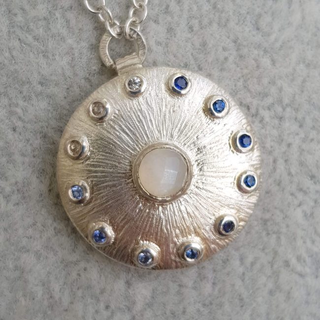 Silver Moonstone and Blue Sapphire Halo Necklace