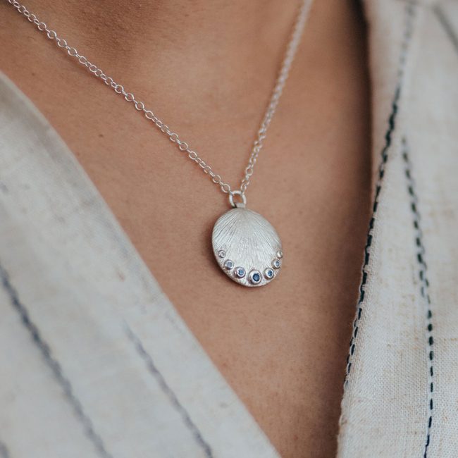 Sunburst Blue Sapphire Crescent Necklace