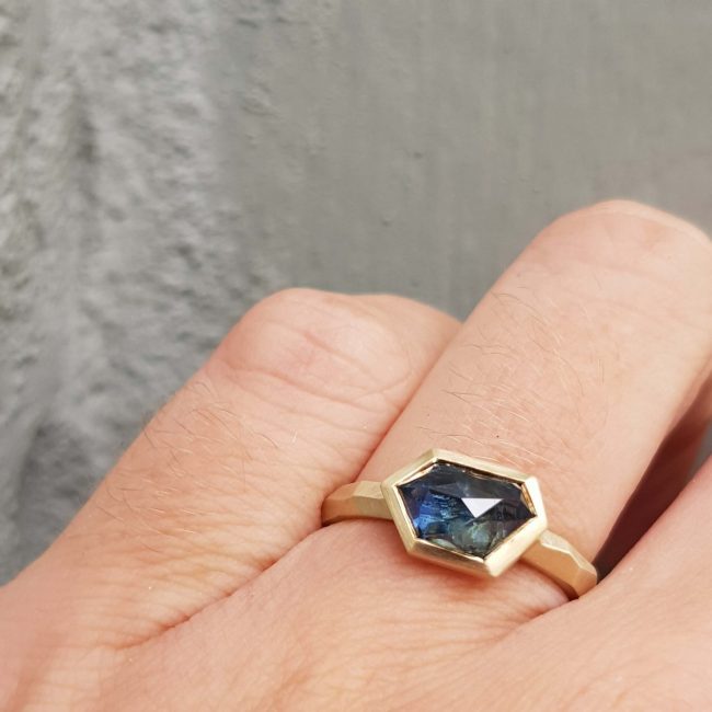 Katie-Chapman-Blue-Green-Free-Form-Sapphire-Rose-Cut--Engagement-Ring-9ct-Yellow-Gold-Clifton-Rocks-Jewellery-Bristol