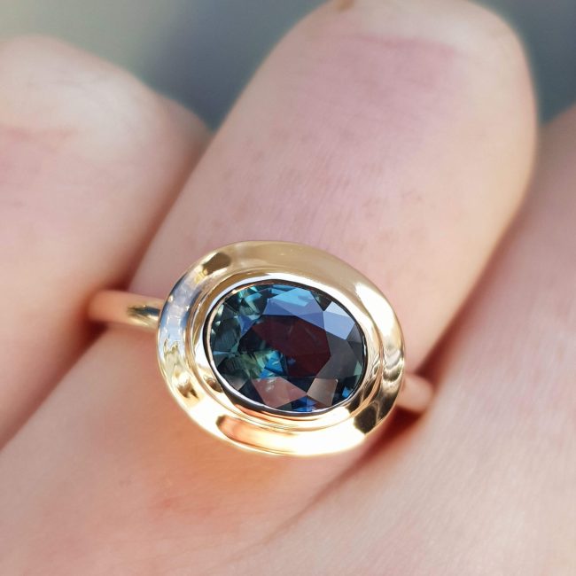 Teal Sapphire Oval Modern Halo Ring- Clare Chandler - CCG282