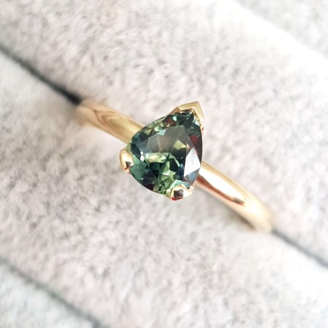 Deep Green Pear Sapphire Engagement Ring
