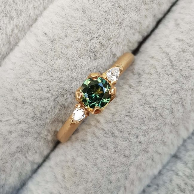 Green Sapphire Diamond Trilogy Engagement Ring