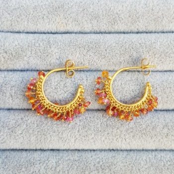 Orange sapphire beaded hoop earrings